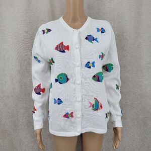 Talbots Vintage 90s White Cardigan Sweater with Colorful Tropical Fish Beaded